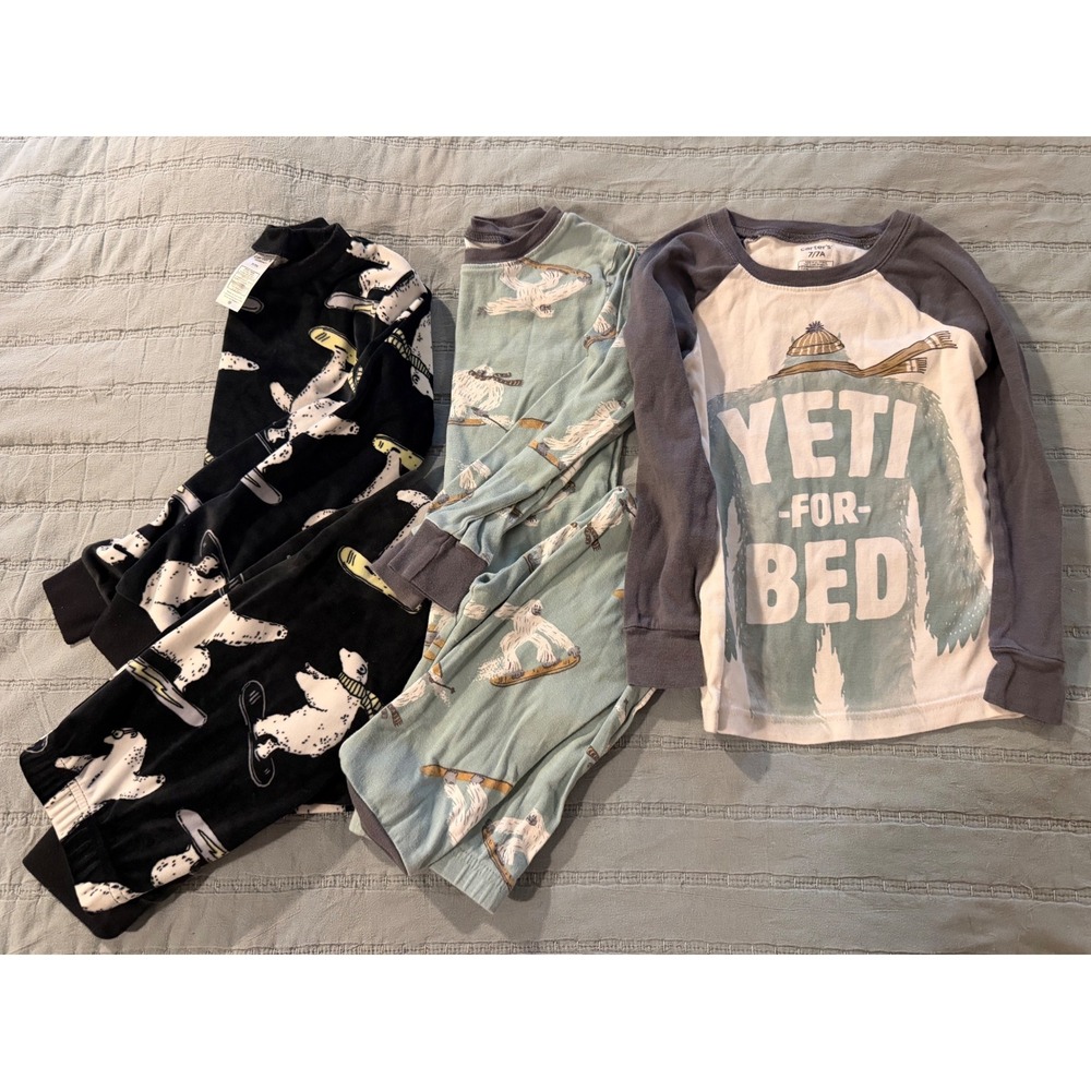 Carters Boys 7 Pajama Lot Yeti Snowboarding Polar Bear Fleece Cotton 5pc Set